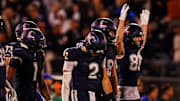 Nov 8, 2025; East Hartford, Connecticut, USA; UConn Huskies quarterback Joe Fagnano (2) with teammates after running the ball for a two point conversion against the Duke Blue Devils in the second half at Pratt & Whitney Stadium at Rentschler Field. Mandatory Credit: David Butler II-Imagn Images