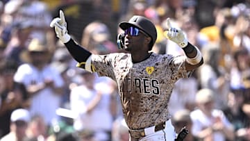 Sep 22, 2024; San Diego, California, USA; San Diego Padres left fielder Jurickson Profar (10) rounds the bases after hitting a home run against the Chicago White Sox during the third inning at Petco Park. Mandatory Credit: Orlando Ramirez-Imagn Images