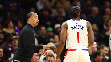 Jan 3, 2024; Phoenix, Arizona, USA; LA Clippers guard James Harden (1) with head coach Tyronn Lue against the Phoenix Suns at Footprint Center. Mandatory Credit: Mark J. Rebilas-USA TODAY Sports