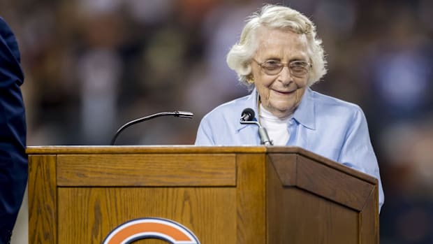 Bears owner Virginia Halas McCaskey speaks during a ceremony at halftime of a Bears and  Seahawks game in 2018.