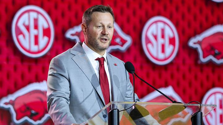 Jul 23, 2026; Tampa, FL, USA; Arkansas Razorbacks head coach Ryan Silverfield speaks to the press during SEC Football Kickoff Media Day at the Tampa Marriott. Mandatory Credit: Nathan Ray Seebeck-Imagn Images