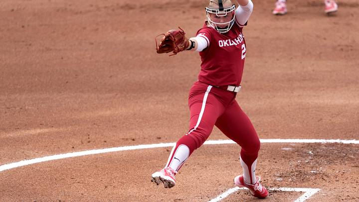 Oklahoma's Audrey Lowry (24) throws a pitch in the first inning during the NCAA Norman Softball Regional game between the University of Oklahoma Sooners and Michigan Wolverines at Love's Field in Norman, Okla., May, 17, 2026.
