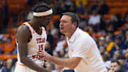 UTEP's head men’s basketball coach Joe Golding talks to Ahamad Bynum Jr. (12) during a men's basketball game against Kennesaw State on Saturday, Jan. 25, 2025, at the Don Haskins Center in El Paso, Texas.