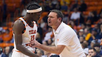 UTEP's head men’s basketball coach Joe Golding talks to Ahamad Bynum Jr. (12) during a men's basketball game against Kennesaw State on Saturday, Jan. 25, 2025, at the Don Haskins Center in El Paso, Texas.