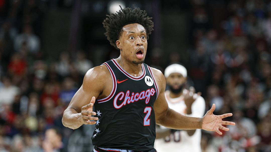 Apr 5, 2026; Chicago, Illinois, USA; Chicago Bulls guard Collin Sexton (2) reacts to a call during the first half at United Center. Mandatory Credit: Kamil Krzaczynski-Imagn Images