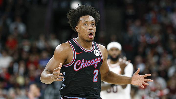 Apr 5, 2026; Chicago, Illinois, USA; Chicago Bulls guard Collin Sexton (2) reacts to a call during the first half at United Center. Mandatory Credit: Kamil Krzaczynski-Imagn Images