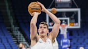 Jan 28, 2022; Orlando, Florida, USA; Detroit Pistons center Luka Garza (55) warms up before the game against the Orlando Magic at Amway Center. Mandatory Credit: Mike Watters-Imagn Images