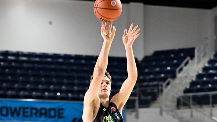 Apr 1, 2024; Houston, TX, USA;  McDonald's All American East forward Liam McNeeley shoots in the three point competition during the 2024 McDonalds High School All American Powerade Jamfest at Delmar Fieldhouse. Mandatory Credit: Maria Lysaker-USA TODAY Sports