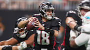 Oct 26, 2025; Atlanta, Georgia, USA; Atlanta Falcons quarterback Kirk Cousins (18) looks to throw against the Miami Dolphins in the fourth quarter at Mercedes-Benz Stadium. Mandatory Credit: Brett Davis-Imagn Images
