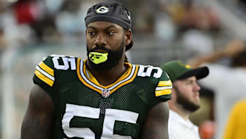 Sep 12, 2021; Jacksonville, Florida, USA;  Green Bay Packers linebacker Za'Darius Smith (55) stands on the sidelines during the game against the New Orleans Saints at TIAA Bank Field. Mandatory Credit: Tommy Gilligan-Imagn Images
