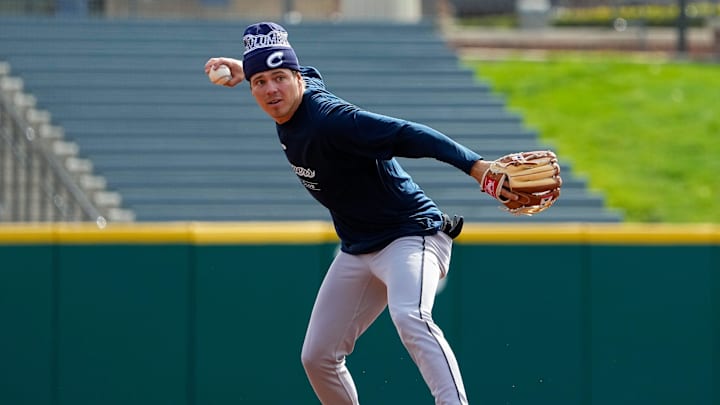 Columbus Clippers’s Milan Tolentino throws the ball to first base during practice at Huntington Park on Wednesday, March 25, 2026 in Columbus, Ohio.