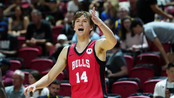 Jul 14, 2024; Las Vegas, NV, USA; Chicago Bulls forward Matas Buzelis (14) shouts at a teammate while playing against the Golden State Warriors during the first quarter at Thomas & Mack Center. Mandatory Credit: Stephen R. Sylvanie-USA TODAY Sports