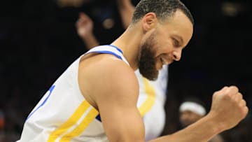 Apr 8, 2025; Phoenix, Arizona, USA; Golden State Warriors guard Stephen Curry (30) reacts after making a three point basket against the Phoenix Suns during the first half at Footprint Center. Mandatory Credit: Mark J. Rebilas-Imagn Images