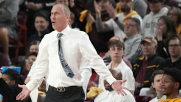 Feb 1, 2025; Tempe, Ariz., U.S.; Arizona State Sun Devils head coach Bobby Hurley reacts to a call during a Big 12 menÕs basketball game against the Arizona Wildcats at Desert Financial Arena. Mandatory Credit: Cheryl Evans-Arizona Republi