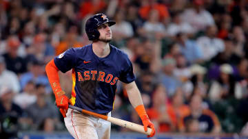 Jun 1, 2024; Houston, Texas, USA; Houston Astros right fielder Kyle Tucker (30) reacts after hitting a home run against the Minnesota Twins during the third inning at Minute Maid Park.