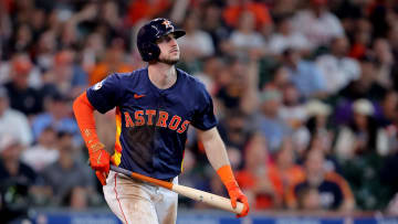 Jun 1, 2024; Houston, Texas, USA; Houston Astros right fielder Kyle Tucker (30) reacts after hitting a home run against the Minnesota Twins during the third inning at Minute Maid Park. Mandatory Credit: Erik Williams-USA TODAY Sports