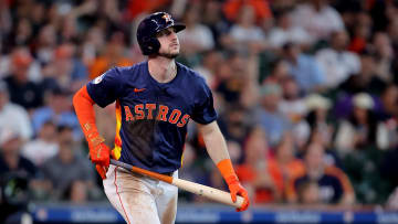 Jun 1, 2024; Houston, Texas, USA; Houston Astros right fielder Kyle Tucker (30) reacts after hitting a home run against the Minnesota Twins during the third inning at Minute Maid Park. Mandatory Credit: Erik Williams-USA TODAY Sports