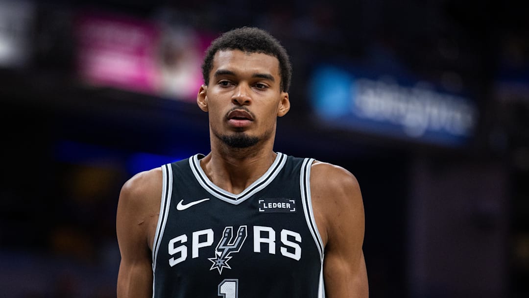 Oct 13, 2025; Indianapolis, Indiana, USA; San Antonio Spurs forward/center Victor Wembanyama (1) in the first half against the Indiana Pacers at Gainbridge Fieldhouse. Mandatory Credit: Trevor Ruszkowski-Imagn Images