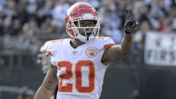 Dec 2, 2018; Oakland, CA, USA; Kansas City Chiefs cornerback Steven Nelson (20) celebrates in the third quarter against the Oakland Raiders at Oakland-Alameda County Coliseum. The Chiefs defeated the Raiders 40-33.
