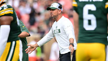 Aug 10, 2024; Cleveland, Ohio, USA; Green Bay Packers head coach Matt LaFleur celebrates with his team during the second quarter against the Cleveland Browns at Cleveland Browns Stadium. Mandatory Credit: Ken Blaze-Imagn Images