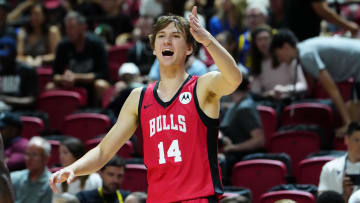 Jul 14, 2024; Las Vegas, NV, USA; Chicago Bulls forward Matas Buzelis (14) shouts at a teammate while playing against the Golden State Warriors during the first quarter at Thomas & Mack Center. Mandatory Credit: Stephen R. Sylvanie-USA TODAY Sports 