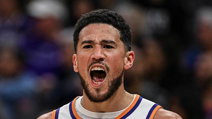 Phoenix Suns guard Devin Booker (1) reacts during the third quarter against the Sacramento Kings at Golden 1 Center on March 3, 2026.