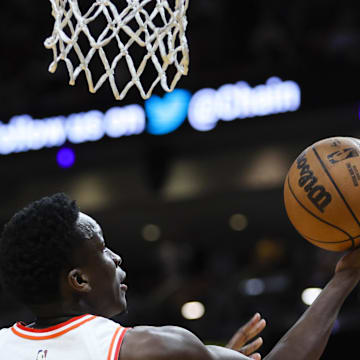 Apr 9, 2023; Miami, Florida, USA; Miami Heat guard Victor Oladipo (4) drives to the basket during the third quarter against the Orlando Magic at Kaseya Center. Mandatory Credit: Sam Navarro-Imagn Images