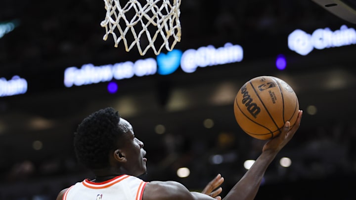 Apr 9, 2023; Miami, Florida, USA; Miami Heat guard Victor Oladipo (4) drives to the basket during the third quarter against the Orlando Magic at Kaseya Center. Mandatory Credit: Sam Navarro-Imagn Images