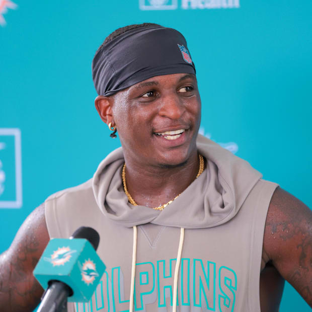 Miami Dolphins cornerback Mike Hilton speaks to reporters during training camp at Baptist Health Training Complex.