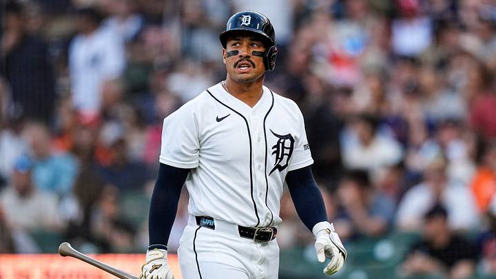 Detroit Tigers designated hitter Jahmai Jones (18) walks off the field after strikeout against New York Yankees during the second inning at Comerica Park in Detroit on Tuesday, June 23, 2026.