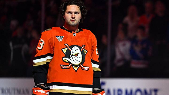 Mar 30, 2026; Anaheim, California, USA; Anaheim Ducks center Mason McTavish (23) looks on during the national anthem before the game against the Toronto Maple Leafs at Honda Center. Mar 30, 2026; Anaheim, California, USA; Anaheim Ducks center Mason McTavish (23) looks on during the national anthem before the game against the Toronto Maple Leafs at Honda Center.