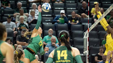 Oregon outside hitter Sophia Meyers hits during an Oregon volleyball scrimmage at Matthew Knight Arena on Aug. 8, 2025, in Eugene, Oregon.