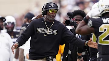 Sep 6, 2025; Boulder, Colorado, USA; Colorado Buffaloes head coach Deion Sanders during the second half against the Delaware Fightin Blue Hens at Folsom Field. Mandatory Credit: Ron Chenoy-Imagn Images
