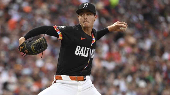 Jun 29, 2024; Baltimore, Maryland, USA; Baltimore Orioles pitcher Cade Povich (37) throws a second inning pitch against the Texas Rangers  at Oriole Park at Camden Yards.