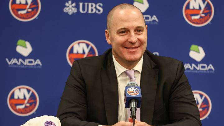 Nov 22, 2025; Elmont, New York, USA; New York Islanders General Manager Mathieu Darche speaks with fans at a pre-game event prior to the game against the St. Louis Blues at UBS Arena. Mandatory Credit: Wendell Cruz-Imagn Images Nov 22, 2025; Elmont, New York, USA; New York Islanders General Manager Mathieu Darche speaks with fans at a pre-game event prior to the game against the St. Louis Blues at UBS Arena. Mandatory Credit: Wendell Cruz-Imagn Images