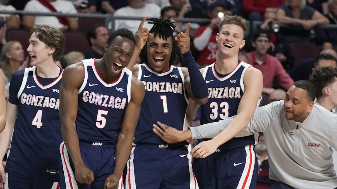 March 11, 2025; Las Vegas, NV, USA; Gonzaga Bulldogs celebrates against the St. Mary's Gaels during the second half in the final of the West Coast Conference tournament at Orleans Arena. March 11, 2025; Las Vegas, NV, USA; Gonzaga Bulldogs celebrates against the St. Mary's Gaels during the second half in the final of the West Coast Conference tournament at Orleans Arena.