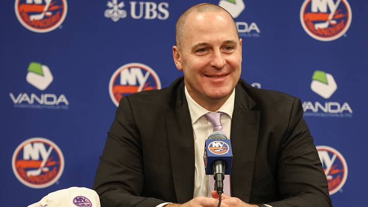 Nov 22, 2025; Elmont, New York, USA; New York Islanders General Manager Mathieu Darche speaks with fans at a pre-game event prior to the game against the St. Louis Blues at UBS Arena. Mandatory Credit: Wendell Cruz-Imagn Images Nov 22, 2025; Elmont, New York, USA; New York Islanders General Manager Mathieu Darche speaks with fans at a pre-game event prior to the game against the St. Louis Blues at UBS Arena. Mandatory Credit: Wendell Cruz-Imagn Images