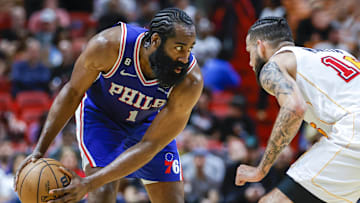 Mar 1, 2023; Miami, Florida, USA; Philadelphia 76ers guard James Harden (1) protects the ball from