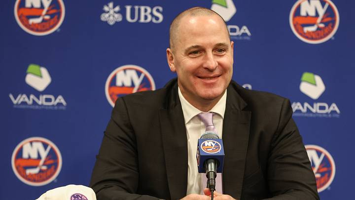 Nov 22, 2025; Elmont, New York, USA; New York Islanders General Manager Mathieu Darche speaks with fans at a pre-game event prior to the game against the St. Louis Blues at UBS Arena. Nov 22, 2025; Elmont, New York, USA; New York Islanders General Manager Mathieu Darche speaks with fans at a pre-game event prior to the game against the St. Louis Blues at UBS Arena.