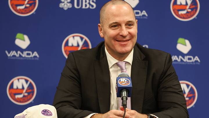 Nov 22, 2025; Elmont, New York, USA; New York Islanders General Manager Mathieu Darche speaks with fans at a pre-game event prior to the game against the St. Louis Blues at UBS Arena. Nov 22, 2025; Elmont, New York, USA; New York Islanders General Manager Mathieu Darche speaks with fans at a pre-game event prior to the game against the St. Louis Blues at UBS Arena.