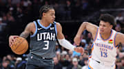 Dec 7, 2025; Salt Lake City, Utah, USA; Utah Jazz guard Keyonte George (3) moves the ball as Oklahoma City Thunder forward Ousmane Dieng (13) defends during the second half at Delta Center. Mandatory Credit: Rob Gray-Imagn Images