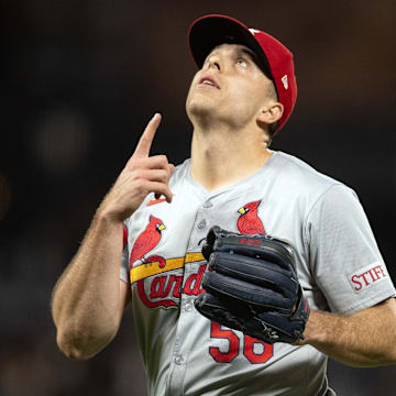 Sep 27, 2024; San Francisco, California, USA; St. Louis Cardinals pitcher Ryan Helsley (56) reacts to getting the final out against the San Francisco Giants during the ninth inning at Oracle Park.