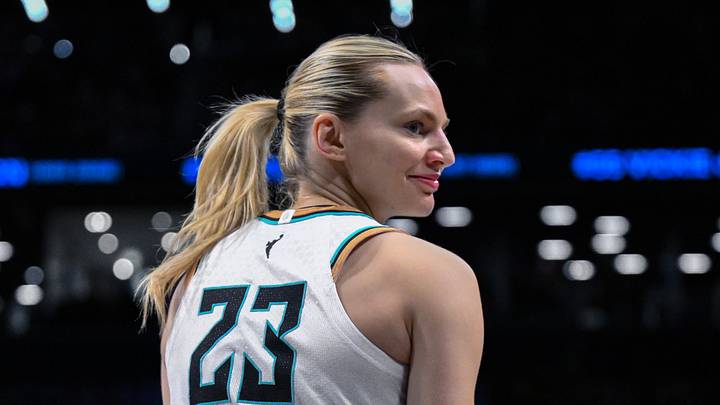 Brooklyn, New York, USA; New York Liberty guard Marine Johannes (23) reacts during the second half against the Los Angeles Sparks at Barclays Center on July 26, 2025.