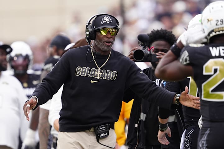 Colorado Buffaloes head coach Deion Sanders during the second half against the Delaware Fightin Blue Hens at Folsom Field. 