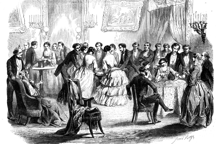 Spiritualist meeting in a Paris drawing room, 1853.
