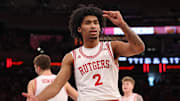 Jan 25, 2025; New York, New York, USA; Rutgers Scarlet Knights guard Dylan Harper (2) reacts during the first half against the Michigan State Spartans at Madison Square Garden. Mandatory Credit: Vincent Carchietta-Imagn Images