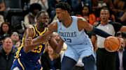 Feb 2, 2024; Memphis, Tennessee, USA; Memphis Grizzlies forward-center Jaren Jackson Jr. (13) dribbles as Golden State Warriors forward Draymond Green (23) defends during the second half at FedExForum. Mandatory Credit: Petre Thomas-Imagn Images