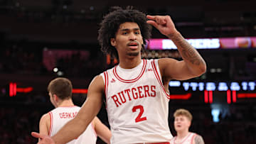 Jan 25, 2025; New York, New York, USA; Rutgers Scarlet Knights guard Dylan Harper (2) reacts during the first half against the Michigan State Spartans at Madison Square Garden. Mandatory Credit: Vincent Carchietta-Imagn Images