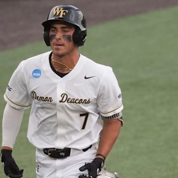 Wake Forest's Marek Houston (7) rounds the bases on a solo home run during the NCAA college baseball Knoxville Regional on June 1, 2025, in Knoxville, Tenn.