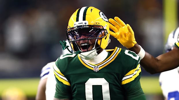 Green Bay Packers wide receiver Matthew Golden reacts after a long catch against Dallas.